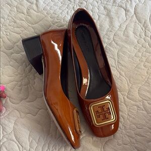 Tory Burch Brown and Gold Flats with Gold Buckle